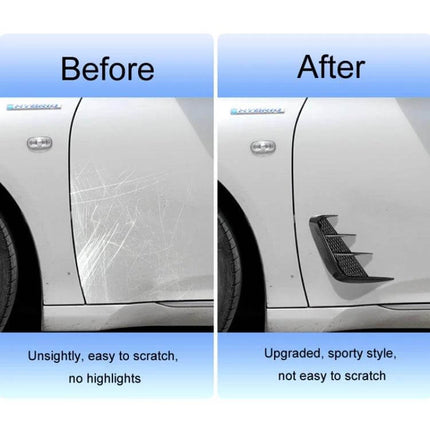 Universal Bright Black Carbon Fiber Car Fender Stickers on car fender showing before scratched panel and after sporty TPU carbon fiber look