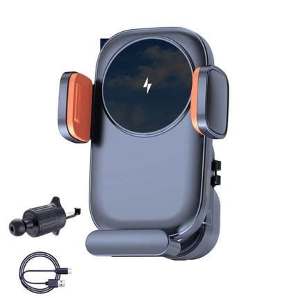 Car Wireless Charging Outlet Navigation Phone Holder mounted in car vent with 15W wireless charging, ABS+PC build, safety protections, included cable