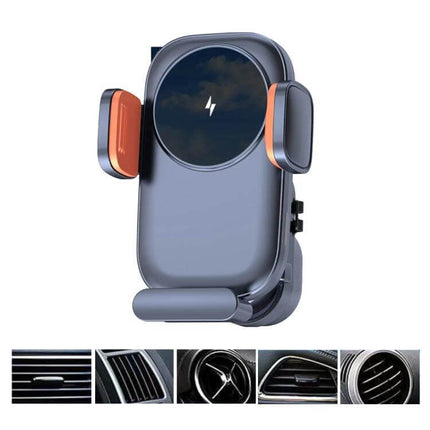 Car Wireless Charging Outlet Navigation Phone Holder — compact ABS+PC vent mount with 15W wireless charging and safety protections for hands-free navigation