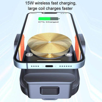 Car Wireless Charging Outlet Navigation Phone Holder showing phone docked charging at 57% with 15W fast charge and large gold coil