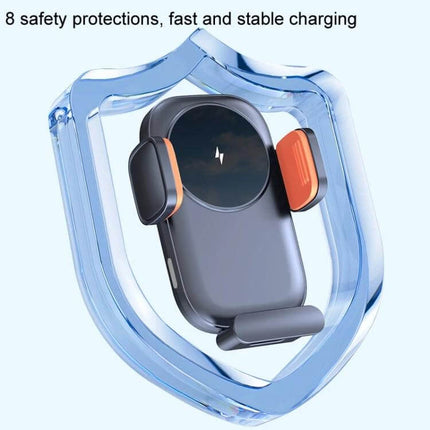 Car Wireless Charging Outlet Navigation Phone Holder in ABS+PC mount showing 8 safety protections and fast 15W wireless charging