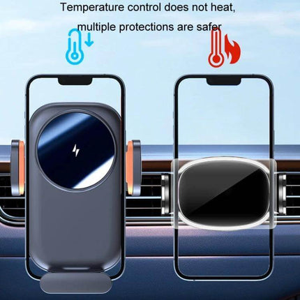 Car Wireless Charging Outlet Navigation Phone Holder showing dual mounts on vent with temperature control and safety icons