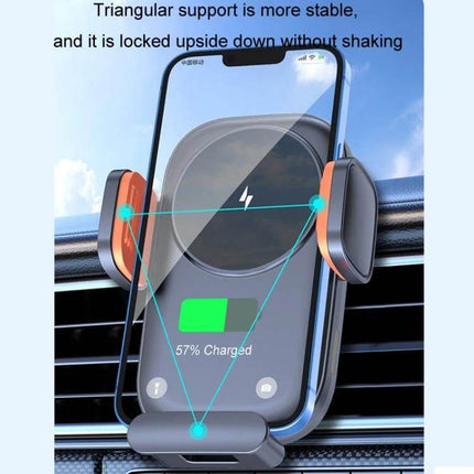 Car Wireless Charging Outlet Navigation Phone Holder mounted on car vent showing phone charging at 57% with triangular support for stability