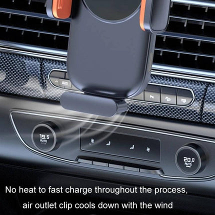Car Wireless Charging Outlet Navigation Phone Holder mounted on car air vent with 15W fast charge and cooling air outlet clip