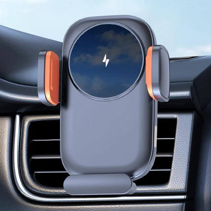 Car Wireless Charging Outlet Navigation Phone Holder mounted on car air vent, 15W wireless charge, secure grip and compact ABS+PC design
