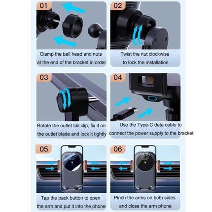 Car Wireless Charging Outlet Navigation Phone Holder showing step-by-step installation and use with Type-C cable, vent clip, and 15W wireless charging support