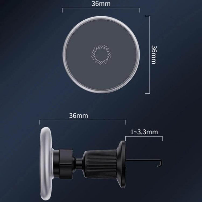 Car Wireless Magnetic Phone Holder With Ambient Light vent-mounted magnetic phone holder with 36mm magnetic pad and 15W wireless charging, ambient light
