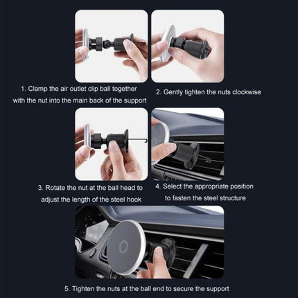 Car Wireless Magnetic Phone Holder With Ambient Light vent clip installation steps showing assembly and mounting with ambient light and 15W charging