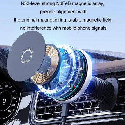 Car Wireless Magnetic Phone Holder With Ambient Light showcasing N52 NdFeB magnet array and 15W wireless charging mounted on car vent