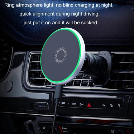 Car Wireless Magnetic Phone Holder With Ambient Light mounted on car vent showing green ring ambient light and 15W wireless charging cable