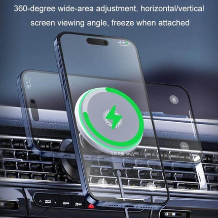 Car Wireless Magnetic Phone Holder With Ambient Light mounted on car vent showing 15W wireless charging and 360-degree adjustment for night driving