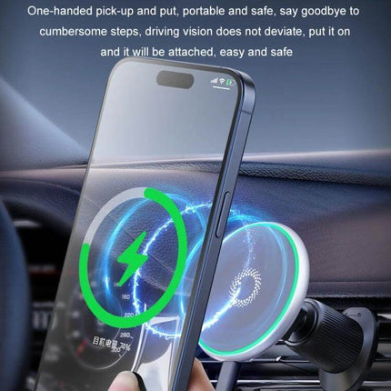Car Wireless Magnetic Phone Holder With Ambient Light mounted on car vent charging phone with glowing ring and one-handed use
