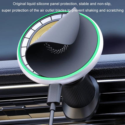 Car Wireless Magnetic Phone Holder With Ambient Light mounted on car vent with green ambient LED ring and 15W wireless charging cable