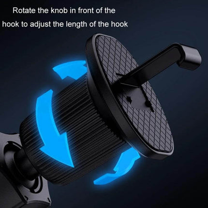 Car Wireless Magnetic Phone Holder With Ambient Light showing vent mount knob rotation to adjust hook length, blue arrows indicating adjustable mechanism