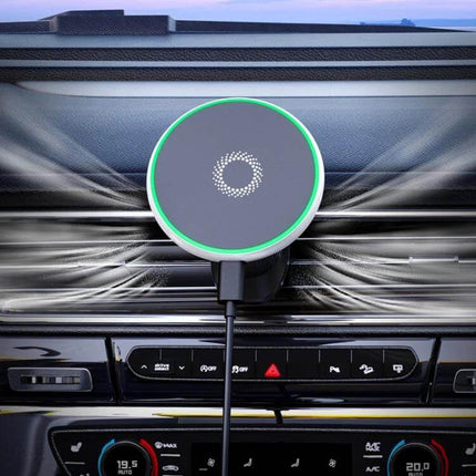 Car Wireless Magnetic Phone Holder With Ambient Light mounted on car vent showing green ambient ring and 15W wireless charging cable