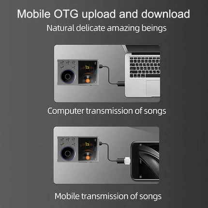 Compact Bluetooth Music Player with High-Fidelity Audio Support showing OTG upload/download to laptop and mobile for song transfer