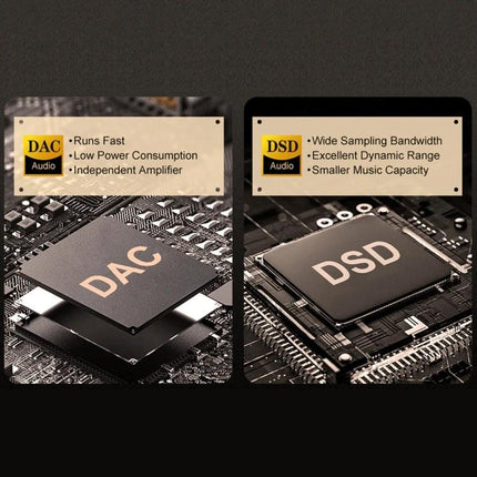 Compact Bluetooth Music Player with High-Fidelity Audio Support showing DAC and DSD chip comparison highlighting high-fidelity audio features