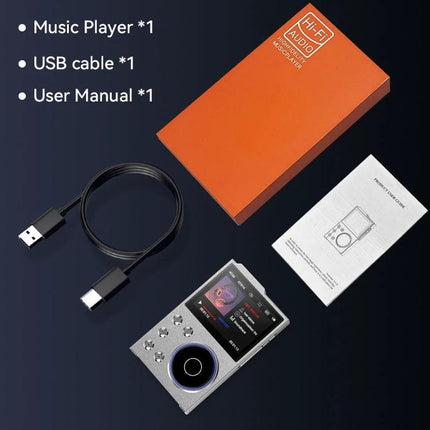 Compact Bluetooth Music Player with High-Fidelity Audio Support showing player, USB cable, user manual and orange box