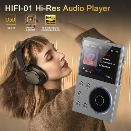 Compact Bluetooth Music Player with High-Fidelity Audio Support showing silver portable hi-res player with headphones and 2.4-inch color screen