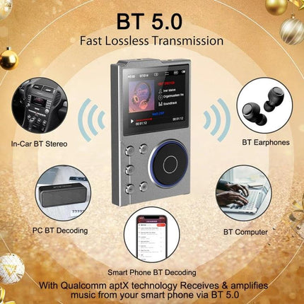 Compact Bluetooth Music Player with High-Fidelity Audio Support showing BT 5.0 streaming to earphones, car stereo, PC and smartphone with 2.4-inch color display