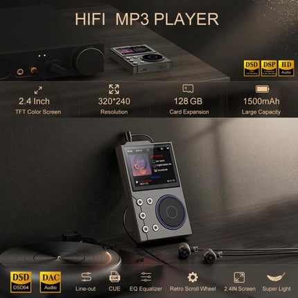 Compact Bluetooth Music Player with High-Fidelity Audio Support showing 2.4-inch color screen, TF card slot, FM radio and headphones