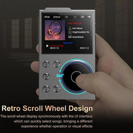 Compact Bluetooth Music Player with High-Fidelity Audio Support held in hand showing retro scroll wheel, 2.4-inch color display and music UI