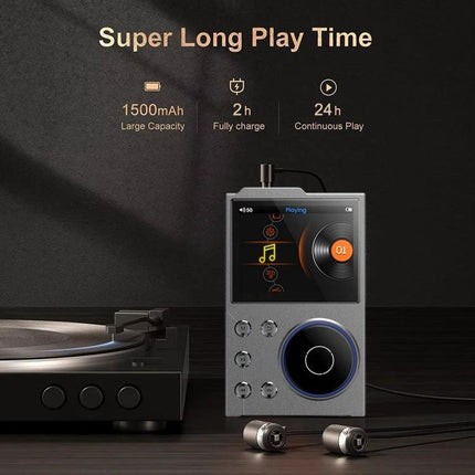 Compact Bluetooth Music Player with High-Fidelity Audio Support showing device with 24h playtime, 1500mAh battery, 2.4-inch TFT screen and earphones
