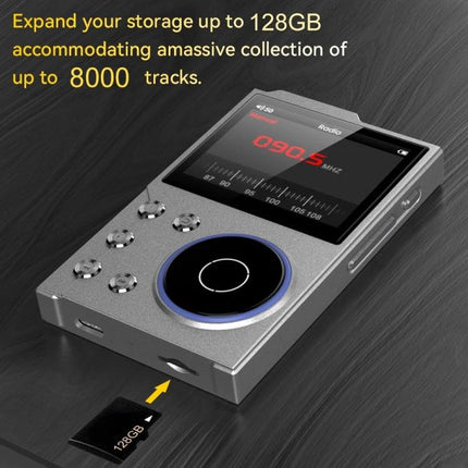 Compact Bluetooth Music Player with High-Fidelity Audio Support showing TF card slot, 128GB card, 2.4-inch screen and FM radio display