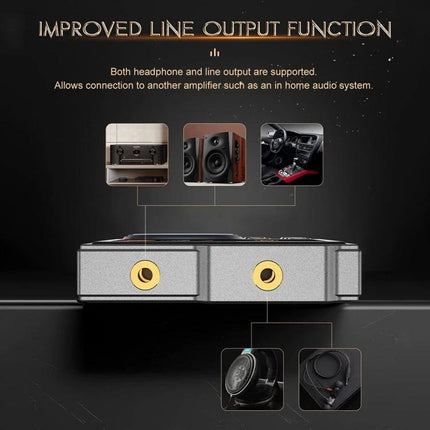 Compact Bluetooth Music Player with High-Fidelity Audio Support showing improved line output function with dual headphone and line-out jacks