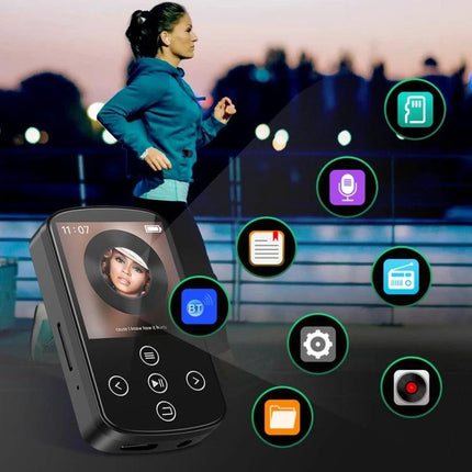 Bluetooth MP3 Music Player with Touch Screen and Sports Clip shown during outdoor run with icons for Bluetooth, audio formats, and fitness use