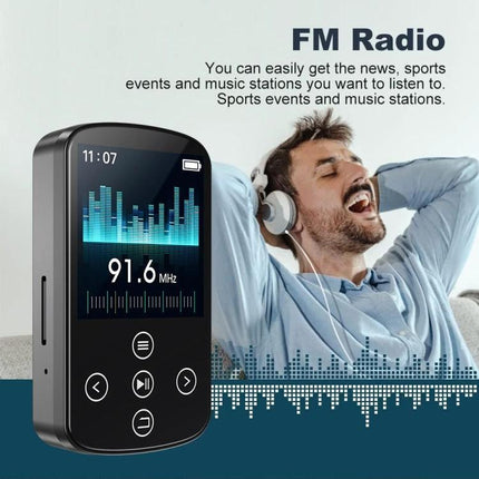 Bluetooth MP3 Music Player with Touch Screen and Sports Clip showing 1.54-inch display, FM radio screen and user enjoying music with headphones