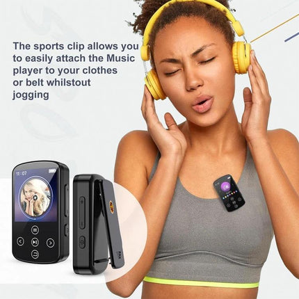 Bluetooth MP3 Music Player with Touch Screen and Sports Clip worn on active woman’s sports top showing touch screen, clip, and headphones