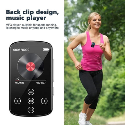 Bluetooth MP3 Music Player with Touch Screen and Sports Clip clipped to active runner’s top, 1.54-inch color display for hands-free workout listening