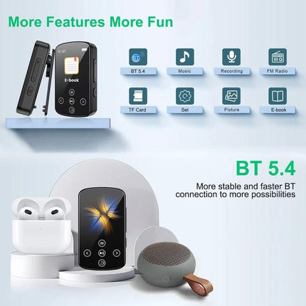 Bluetooth MP3 Music Player with Touch Screen and Sports Clip shown with 1.54-inch color touch screen, BT 5.4, earbuds and portable speaker