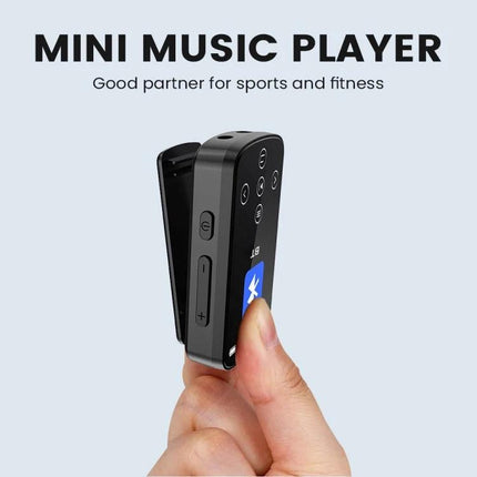 Bluetooth MP3 Music Player with Touch Screen and Sports Clip shown clipped to clothing, 1.54-inch touch screen and control buttons for running and gym use