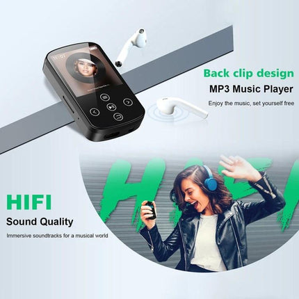 Bluetooth MP3 Music Player with Touch Screen and Sports Clip showing 1.54-inch color screen, back clip design and active user listening