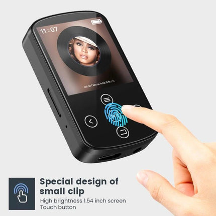 Bluetooth MP3 Music Player with Touch Screen and Sports Clip showing 1.54-inch color touch screen and finger using touch controls