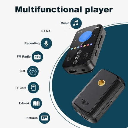 Bluetooth MP3 Music Player with Touch Screen and Sports Clip showing 1.54-inch color touchscreen, sports clip and multifunction icons