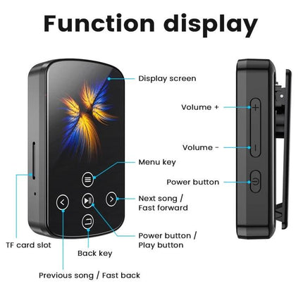 Bluetooth MP3 Music Player with Touch Screen and Sports Clip — 1.54-inch color display, menu and playback buttons, TF card slot, secure sports clip