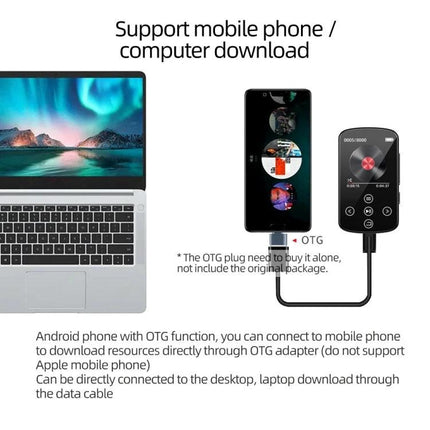 Bluetooth MP3 Music Player with Touch Screen and Sports Clip connected via OTG to laptop and Android phone for file transfer