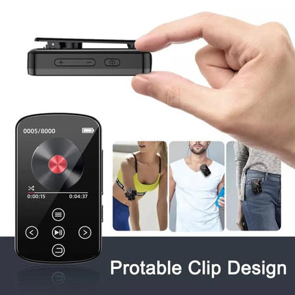 Bluetooth MP3 Music Player with Touch Screen and Sports Clip shown with portable clip, 1.54-inch color touch screen and hands-on use