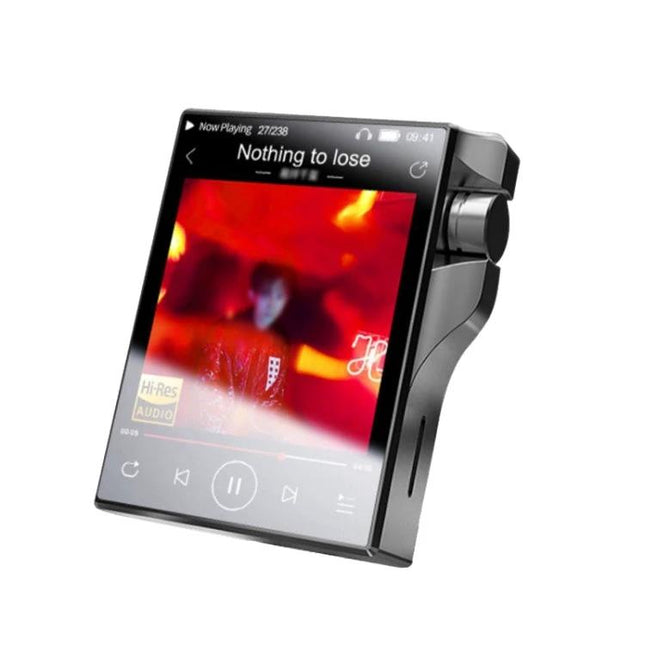 Compact HiFi Lossless Music Player for On-the-Go Listening showing 2.4-inch IPS screen playing album art, portable dedicated audio device for commuters and hikers