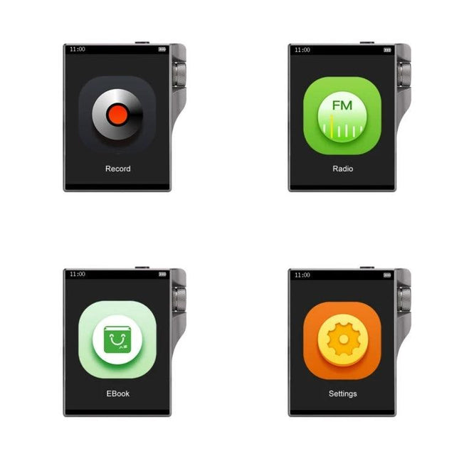 Compact HiFi Lossless Music Player for On-the-Go Listening showing 4 screen icons: Record, Radio (FM), EBook and Settings on a 2.4-inch portable device
