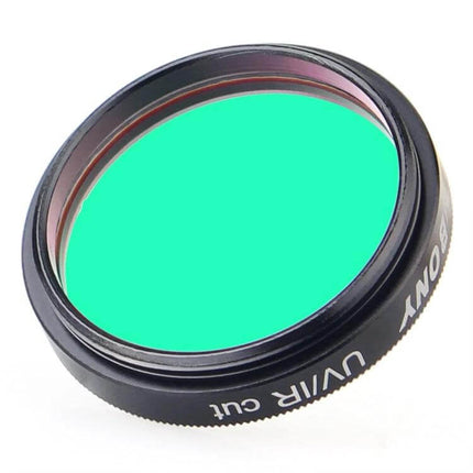 SVBONY UV/IR Cut 1.25 Inch Astrophotography Filter shown angled with green-tinted coated glass and threaded metal rim