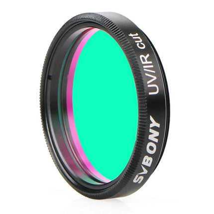 SVBONY UV/IR Cut 1.25 Inch Astrophotography Filter shown with green-tinted glass and black threaded metal housing for eyepieces
