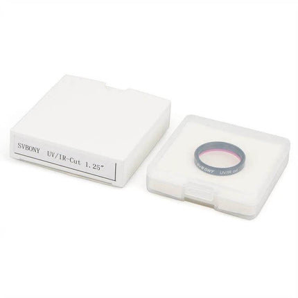 SVBONY UV/IR Cut 1.25 Inch Astrophotography Filter in protective case, showing pink-tinted glass and labeled 1.25"