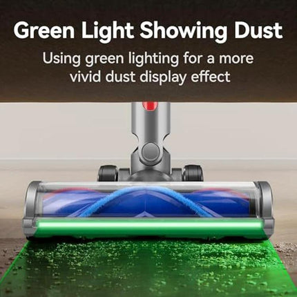 Soft Velvet Suction Head for Dyson Vacuums with Dust Display Light showing green light illuminating dust under furniture