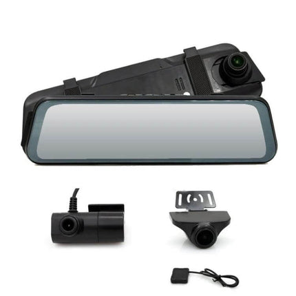 Triple Camera Dash Cam for Cars with GPS and Blind Spot Detection rearview mirror mount with three cameras for front, interior and side monitoring