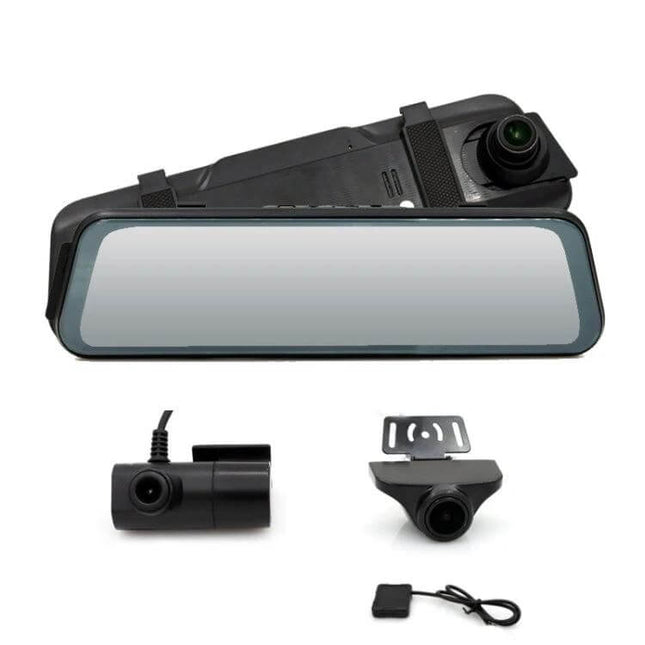 Triple Camera Dash Cam for Cars with GPS and Blind Spot Detection rearview mirror mount with three cameras for front, interior and side monitoring