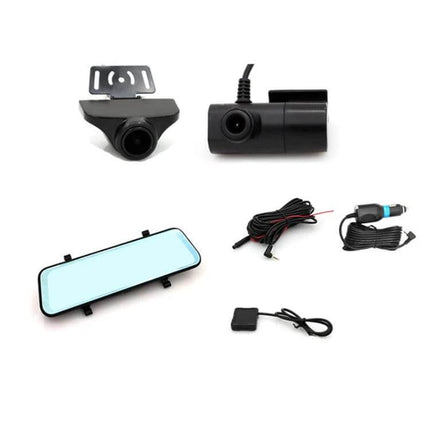 Triple Camera Dash Cam for Cars with GPS and Blind Spot Detection mounted cameras, mirror display and wiring kit
